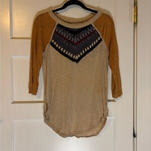 Vintage We The Free Cream and Tan Graphic Raglan Tee